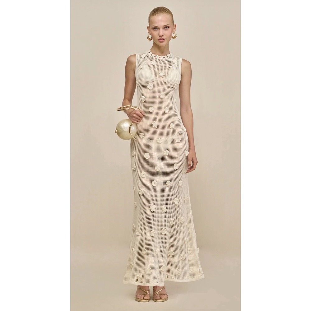 Cult Gaia $798 Vermeer Dress Crochet Flower Cotton Yarn Maxi Bachlorette Bridal - Picture 2 of 11